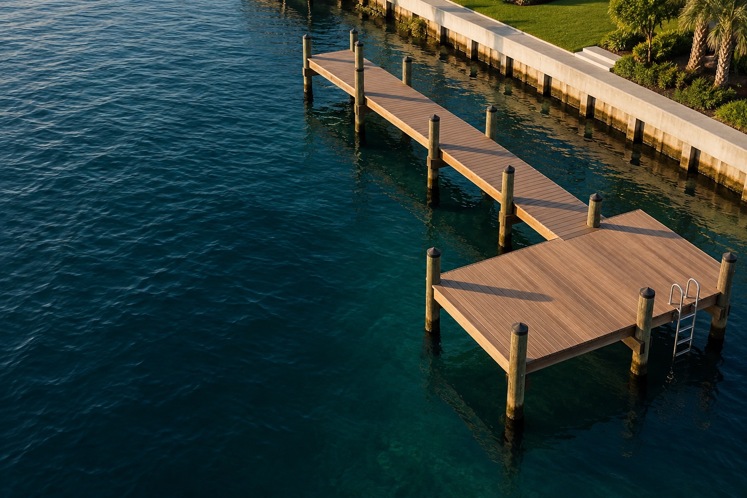 Illustrative aerial view of a timber dock beside a waterfront seawall